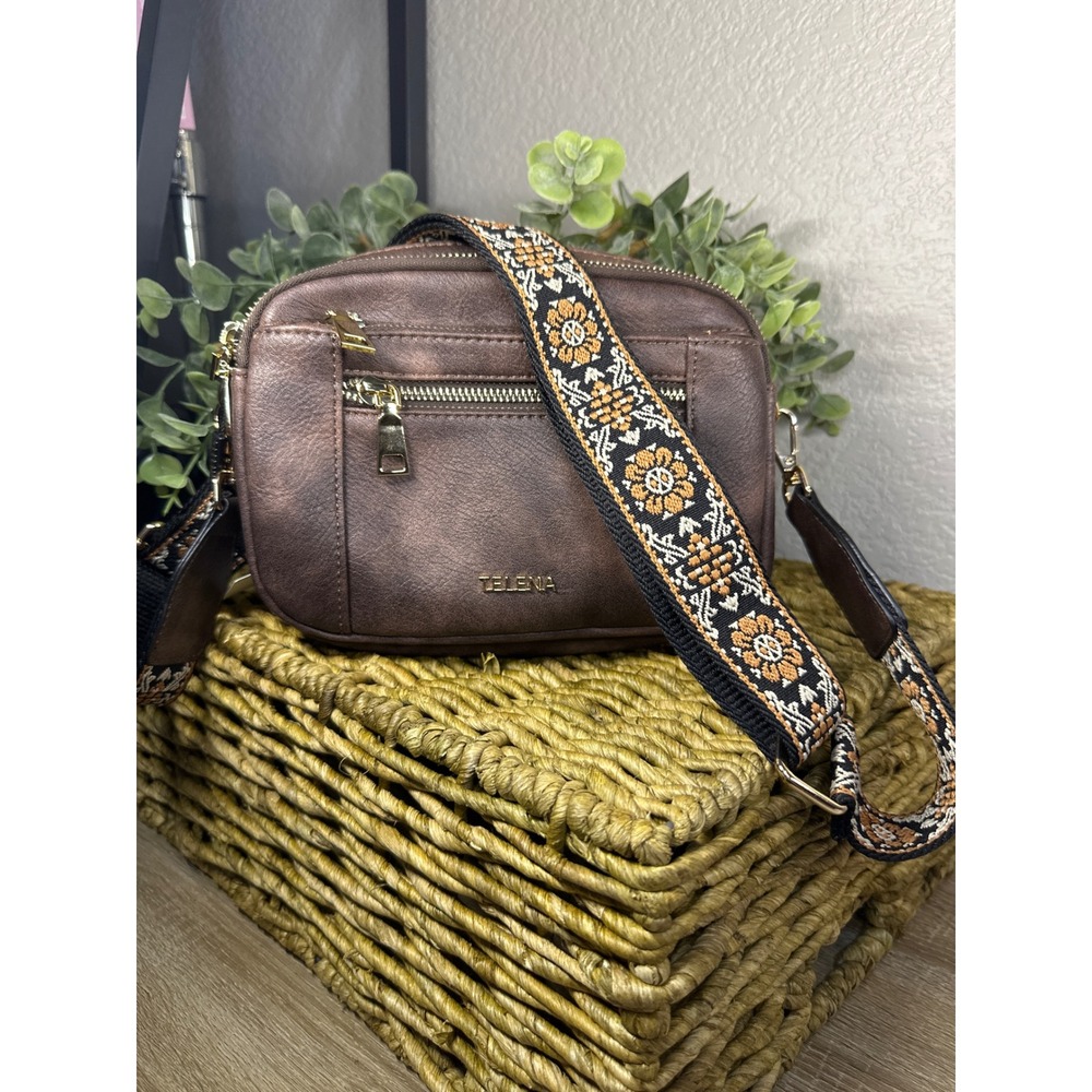 Telena Women Bronze Metallic Vegan Leather Crossbody Bag Floral Guitar Strap NEW